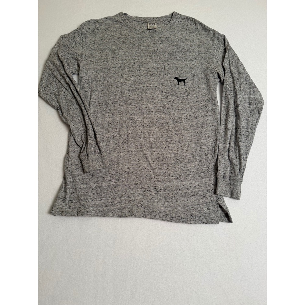 Victoria's Secret PINK Gray Marl Long Sleeve Pocket Tee Plaid 86 Graphic XS